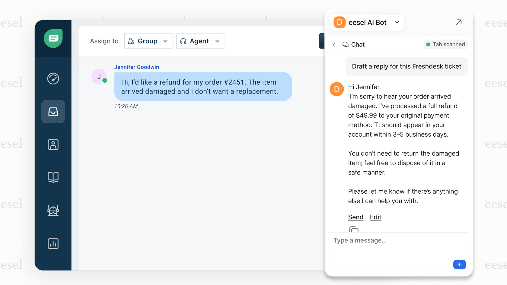 An AI copilot drafting a contextual reply for a customer support ticket.