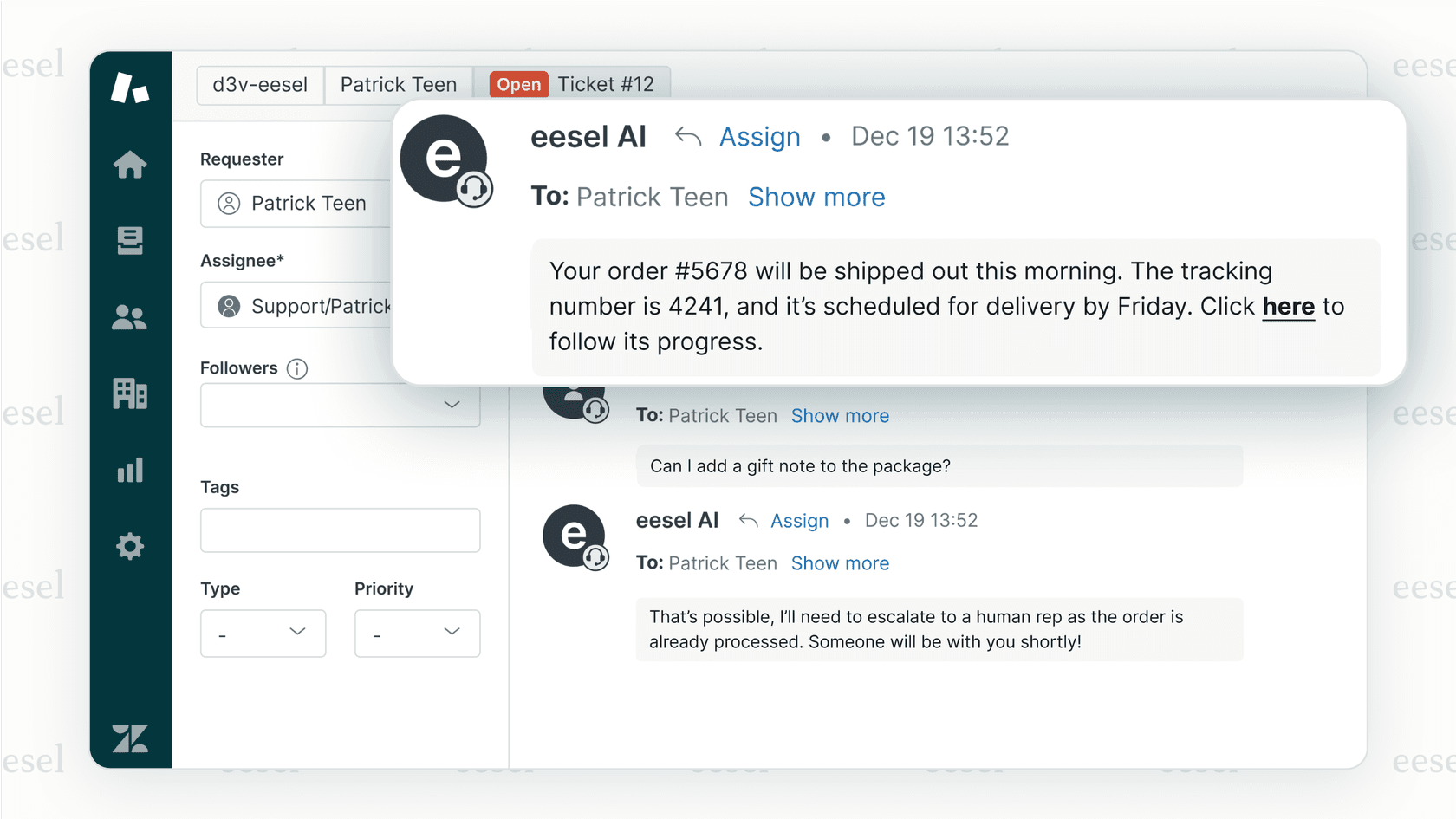 A screenshot of a chat widget or help desk ticket where an AI customer service agent successfully answers a customer's question about a return policy and closes the ticket without human intervention.