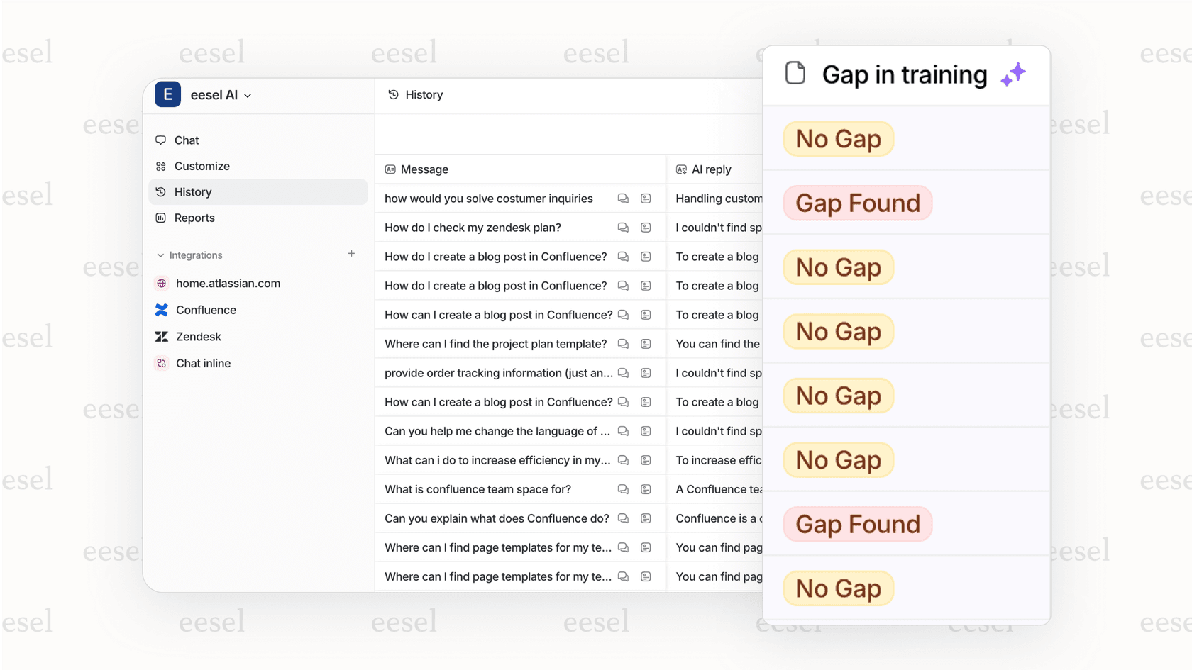 Screenshot of an AI-powered search analytics report titled "Knowledge Gaps," listing customer search queries that returned no results, helping teams identify what new help articles to create.