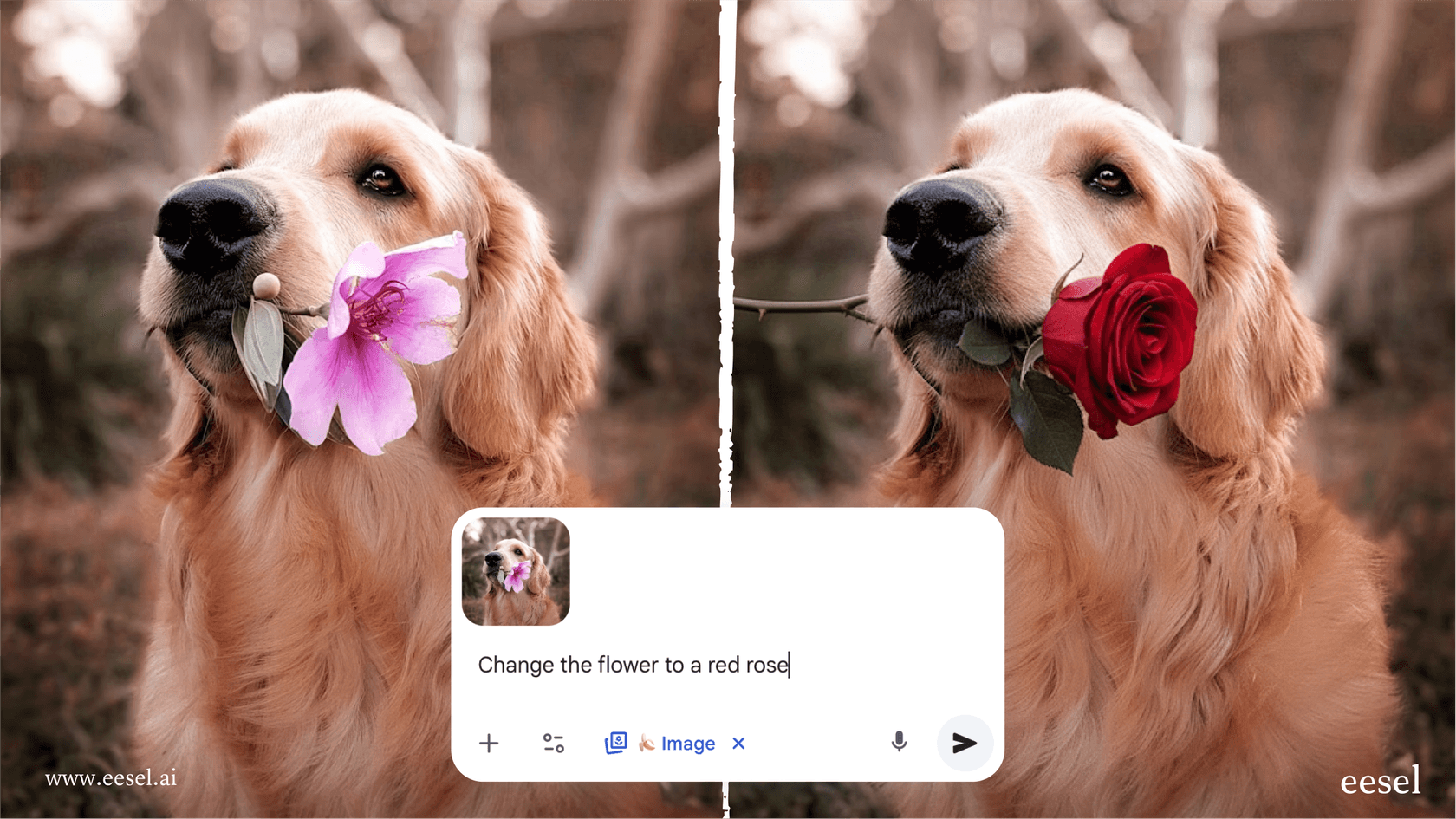 An image demonstrating the character consistency of Nano Banana, with the original person on the left and the AI-edited version on the right showing the same person in a different context.