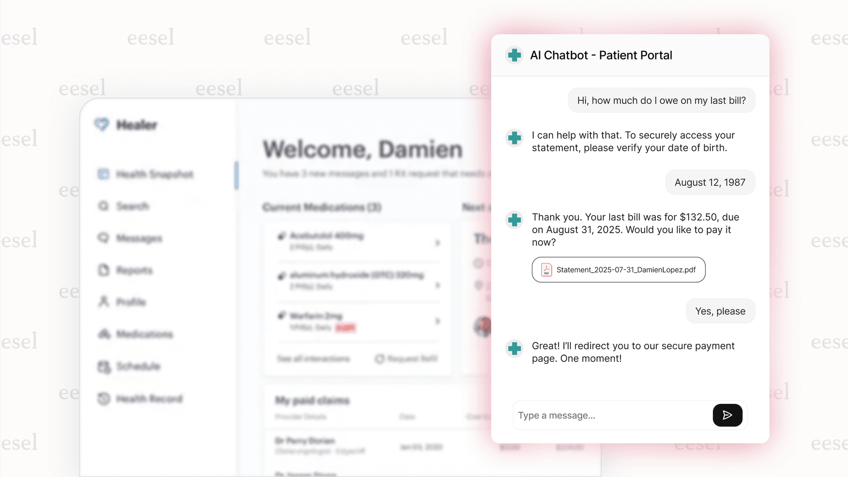Screenshot of a chatbot powered by conversational AI for healthcare helping a patient with a billing question on a clinic