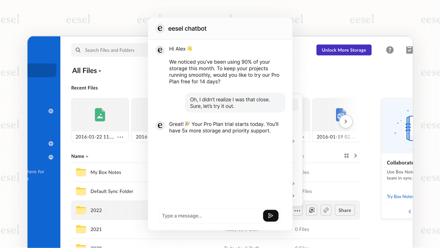 A screenshot of a proactive chat message in an application suggesting a plan upgrade to a user nearing their current plan