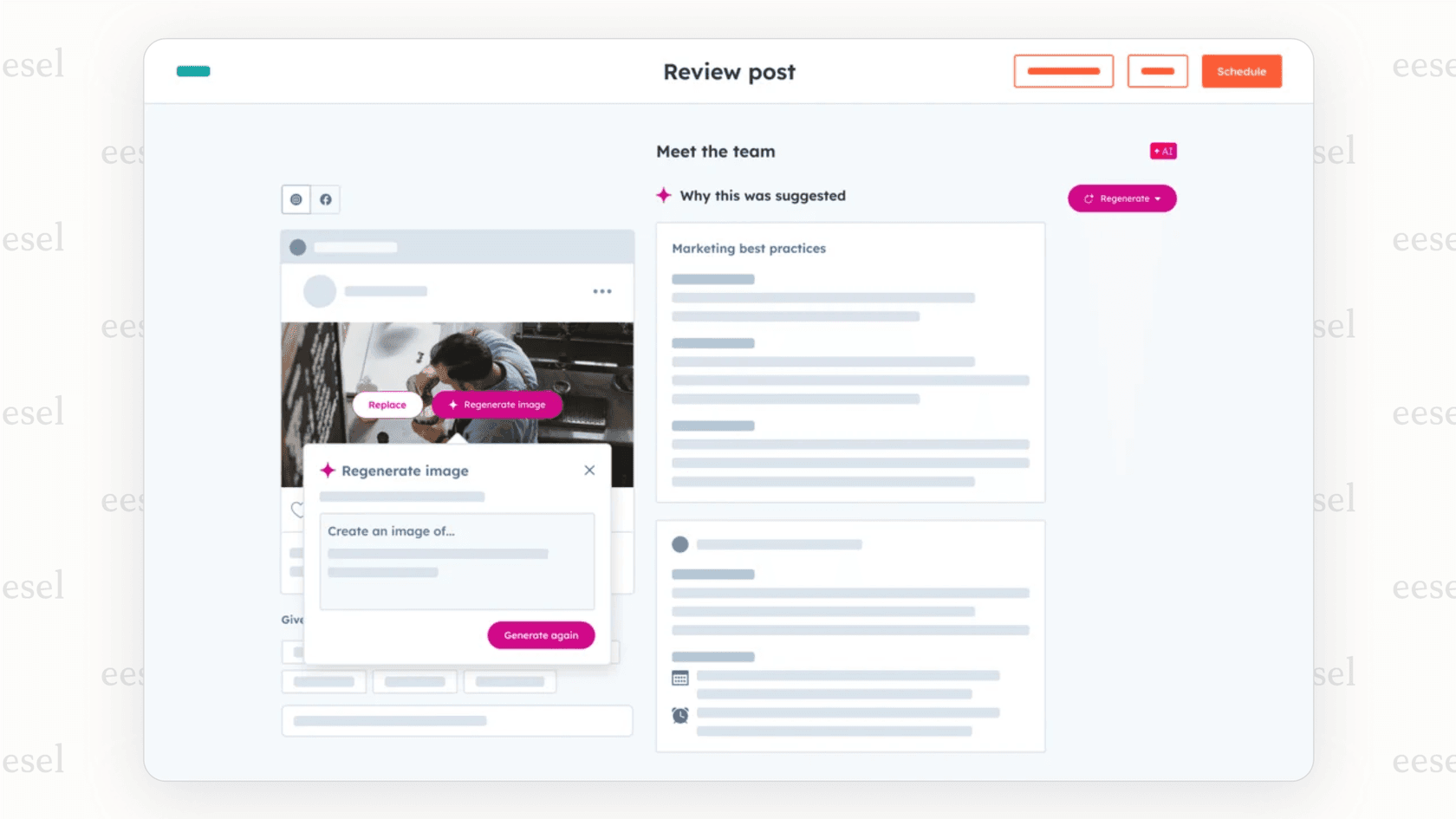 A screenshot of the HubSpot AI agent Social Media Agent dashboard displaying analytics and a list of AI-generated social media posts ready to be scheduled.