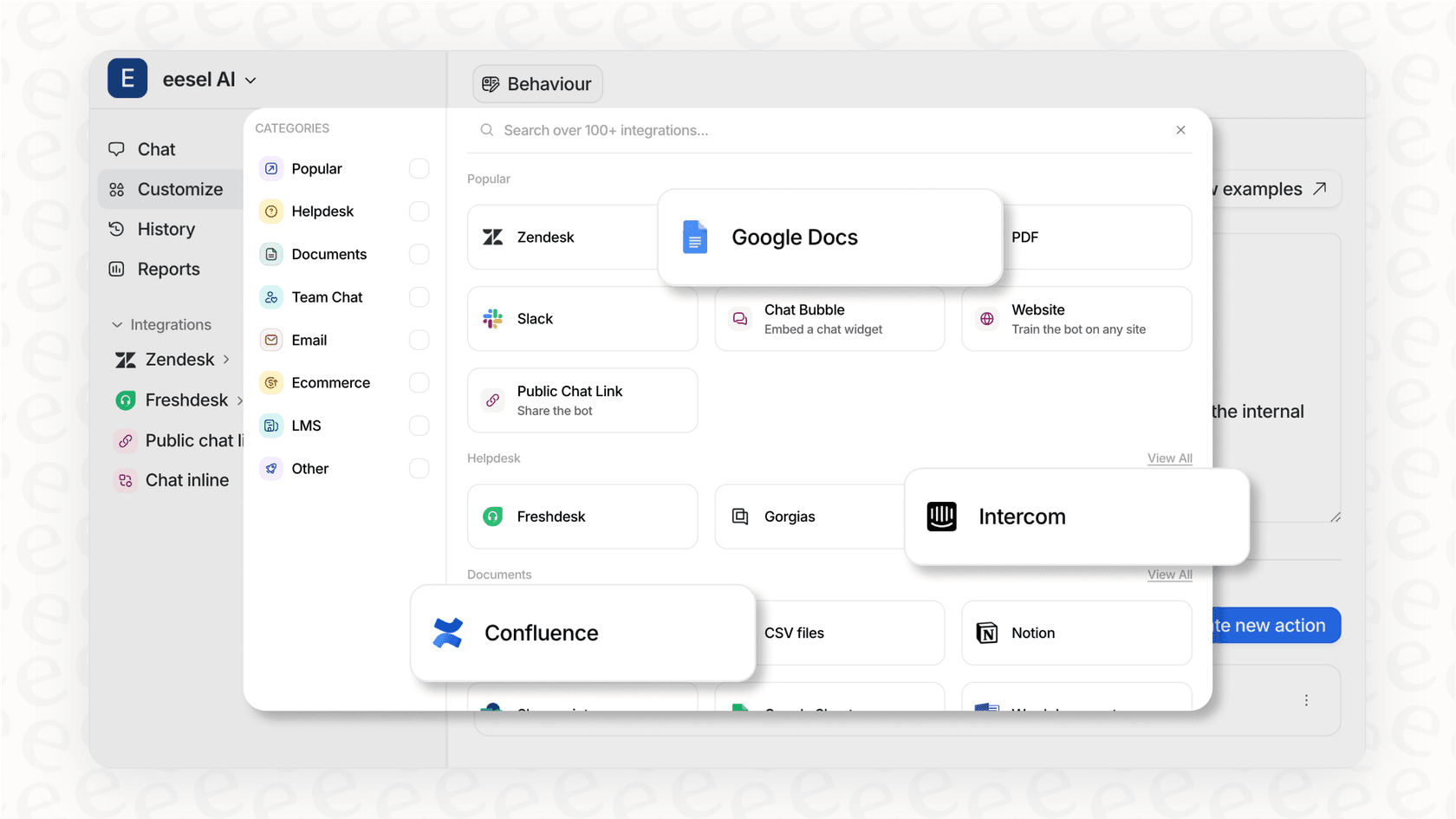 A view of the eesel AI automated ticketing system dashboard showing one-click integrations with tools like Zendesk and other knowledge sources.