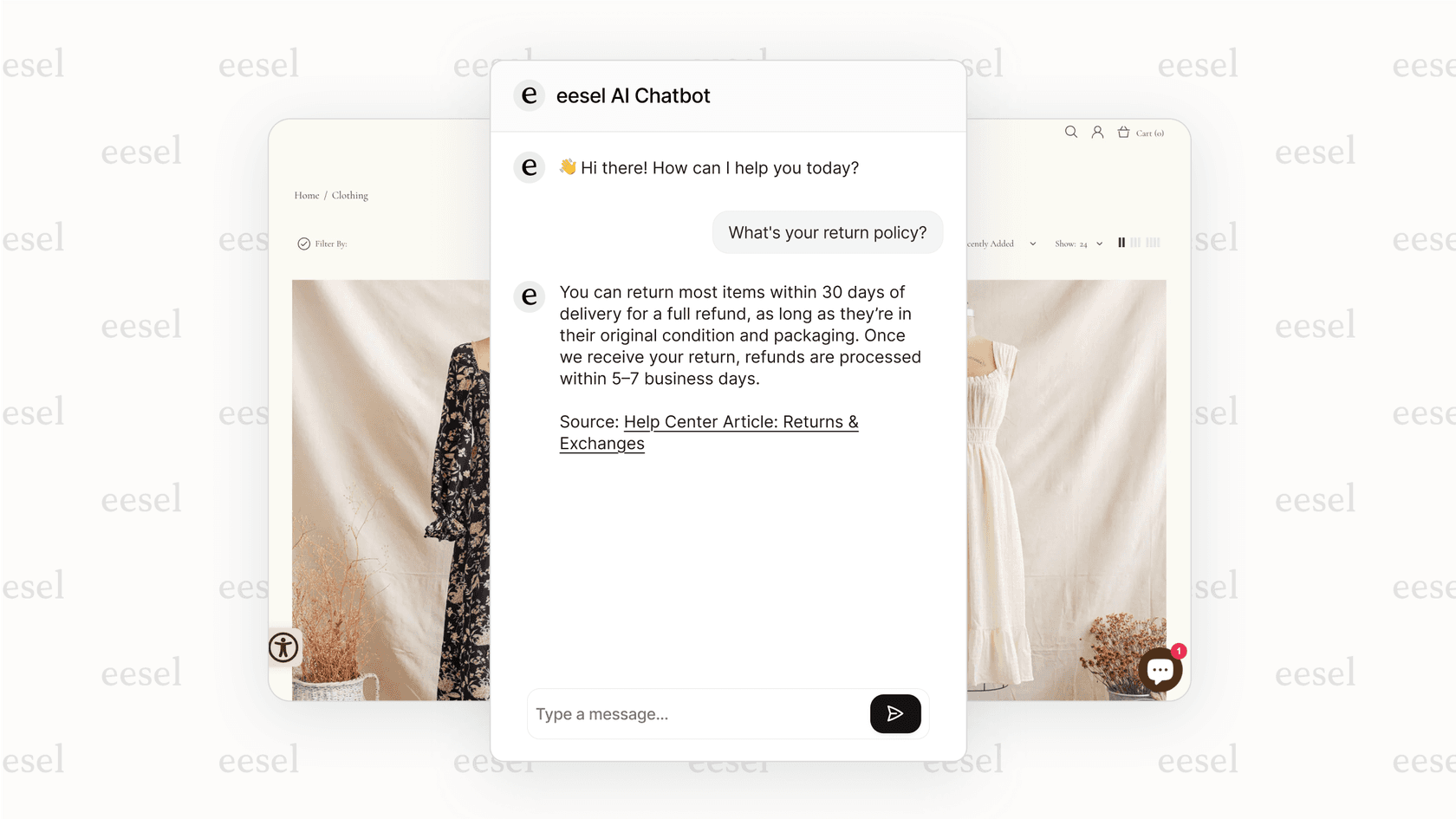 The eesel AI chatbot for website answering a customer question.