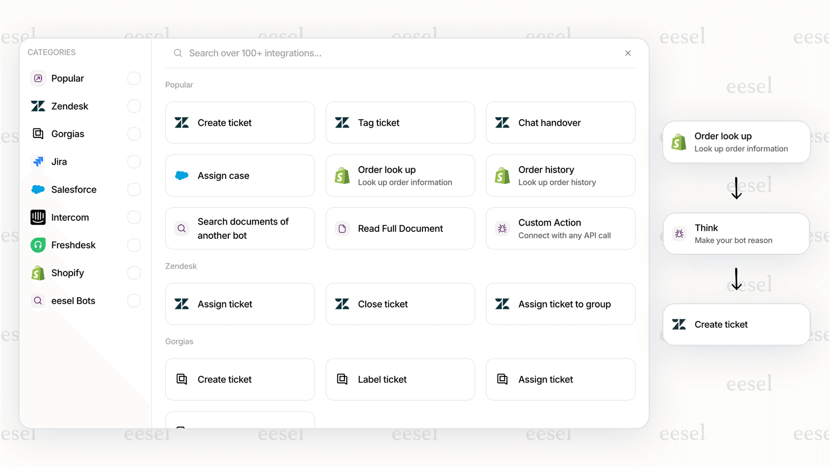 A screenshot of the eesel AI workflow editor, where a user is customizing a Zendesk ChatGPT automation by setting up triggers for new tickets and defining AI actions.