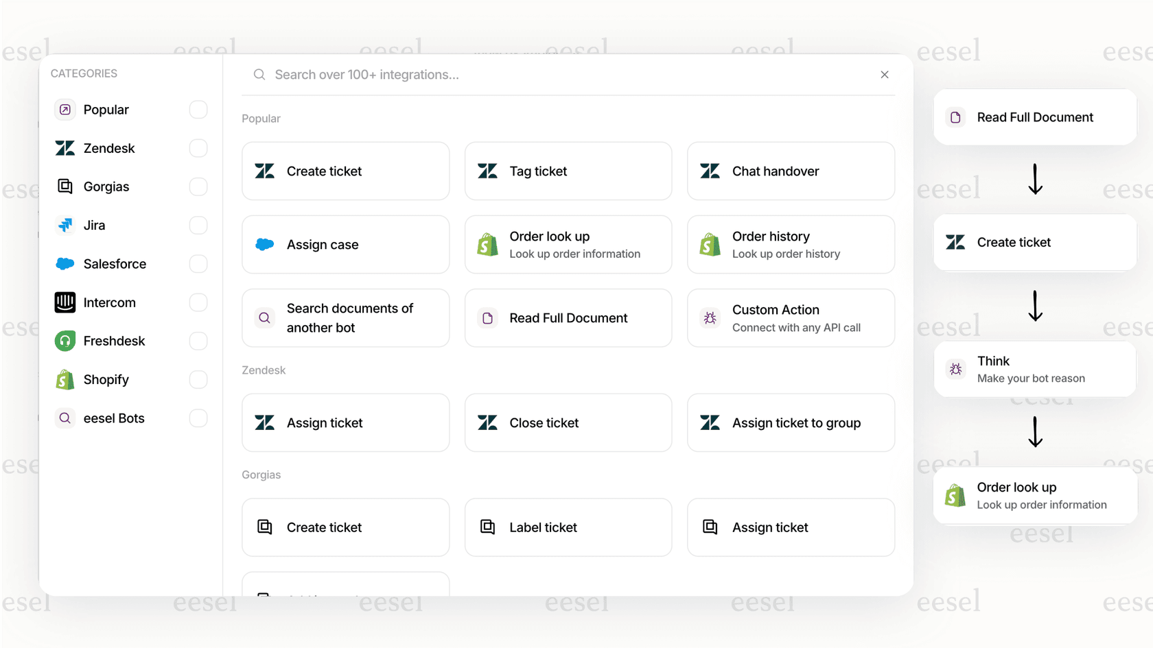 A screenshot of the eesel AI platform setting up an AI action that integrates with Shopify, a key feature of conversational ai for retail.