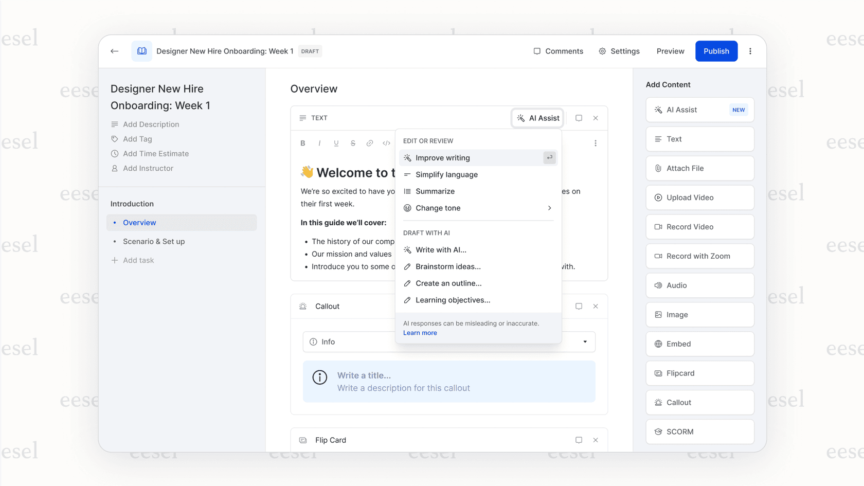 A screenshot of the WorkRamp LMS, an example of ai education platforms, where the AI Assist tool is generating a course structure based on a simple text prompt from a user.