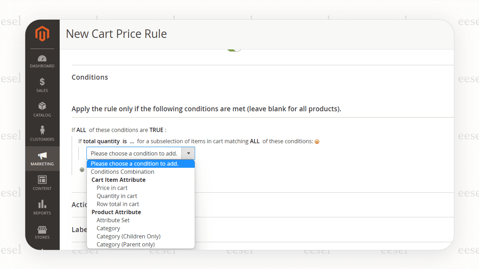 A screenshot of the Magento admin panel from a Magento review, displaying the interface for setting up complex cart price rules and customer-specific discounts.