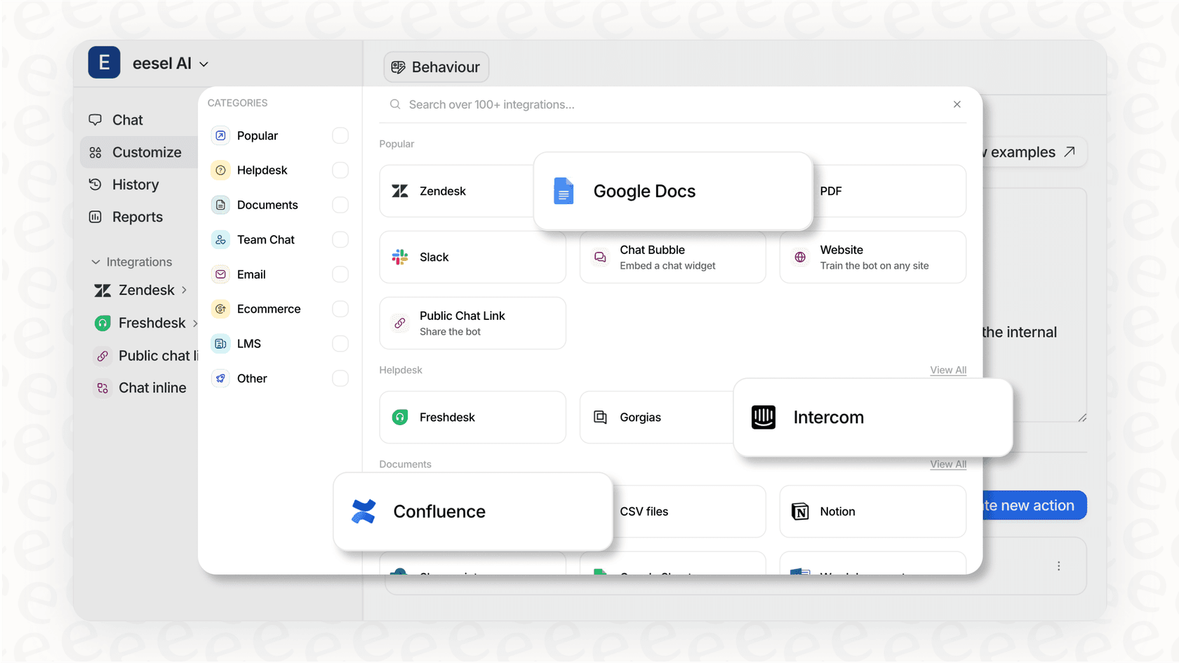 Screenshot of the eesel AI dashboard displaying logos for Zendesk and Freshdesk with a "Connect" button, illustrating the easy setup for automated ticket resolution.