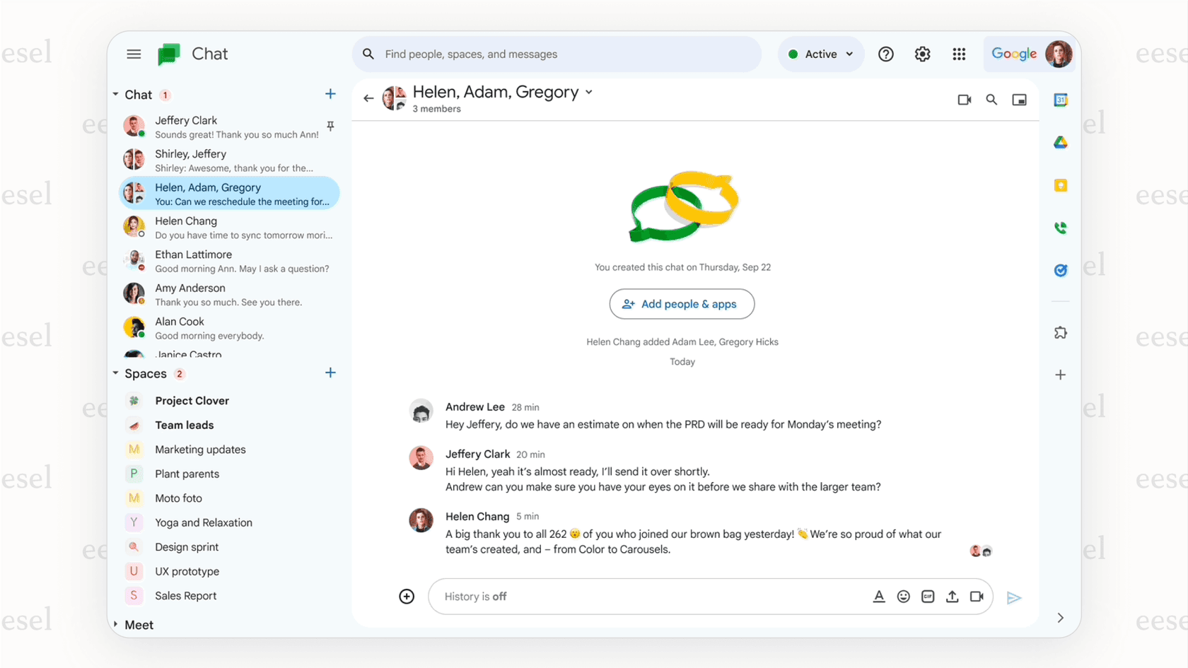 The Google Chat UI displaying a conversation in a "Space," where a Google Doc is shared and easily accessible, demonstrating the seamless integration that makes it one of the top Slack alternatives.
