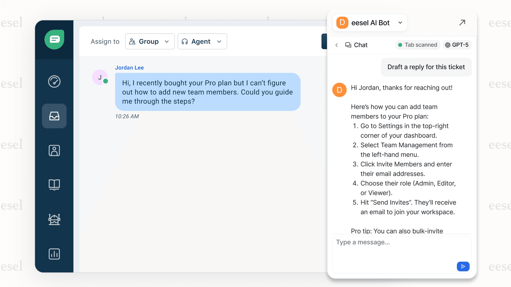 Screenshot of a help desk interface like Zendesk. On the right side, the eesel AI Copilot sidebar shows a suggested reply to a customer's question, which was generated using the company's knowledge base and the powerful GPT-5 model.