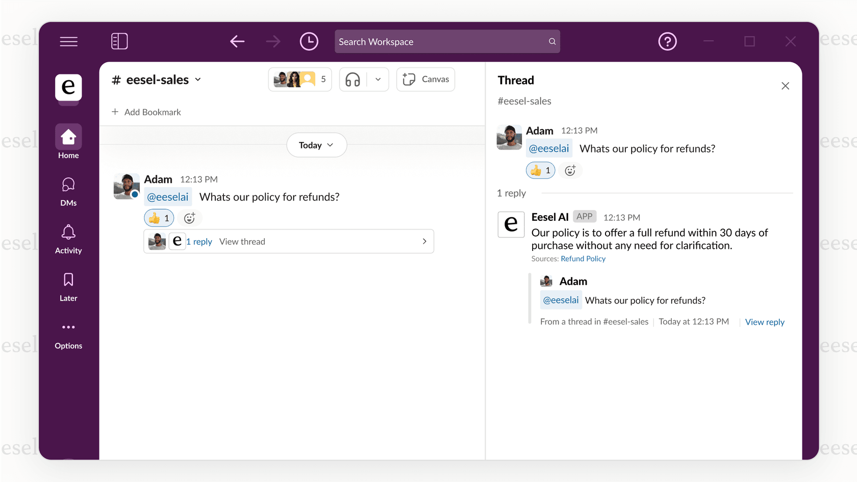 An internal support AI copilot answering an employee question in Slack.