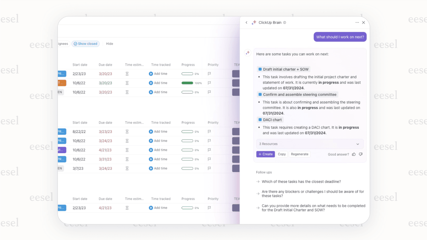 ClickUp's project Q&A feature among AI project management tools.