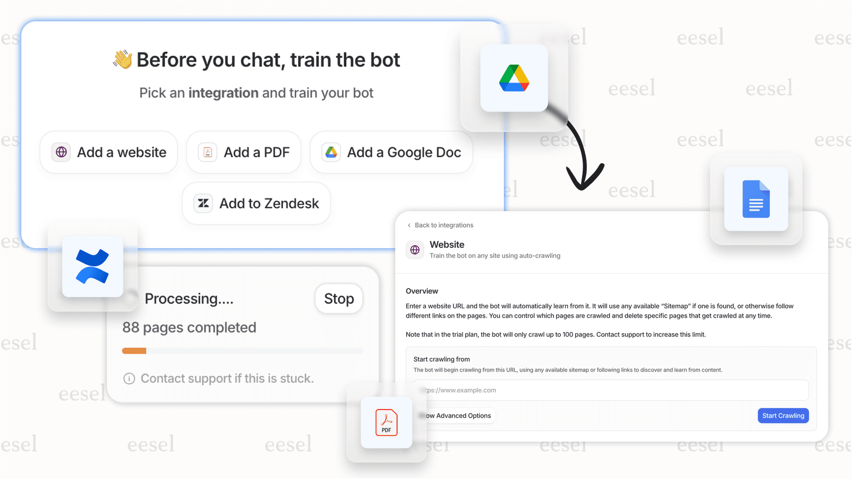 A user interface showing how a custom AI can be trained on multiple knowledge sources at once, including helpdesks and internal wikis.