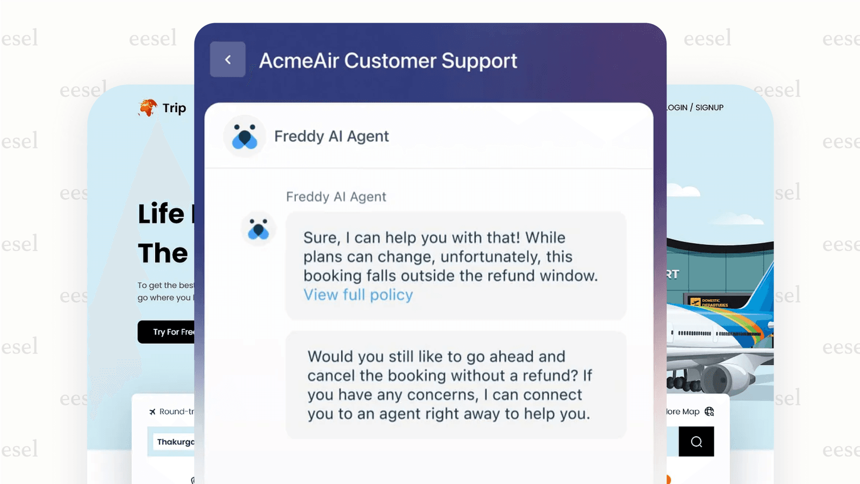 A screenshot demonstrating Freshdesk's Freddy AI, an example of effective self-service solutions, answering a customer's question about the return policy directly in the chat.