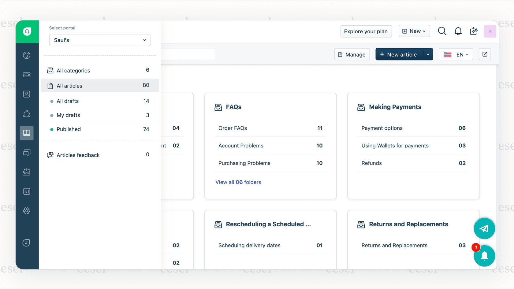 A screenshot showing how Freshdesk, a customer support-focused Guru alternative, allows agents to turn ticket replies directly into help articles.