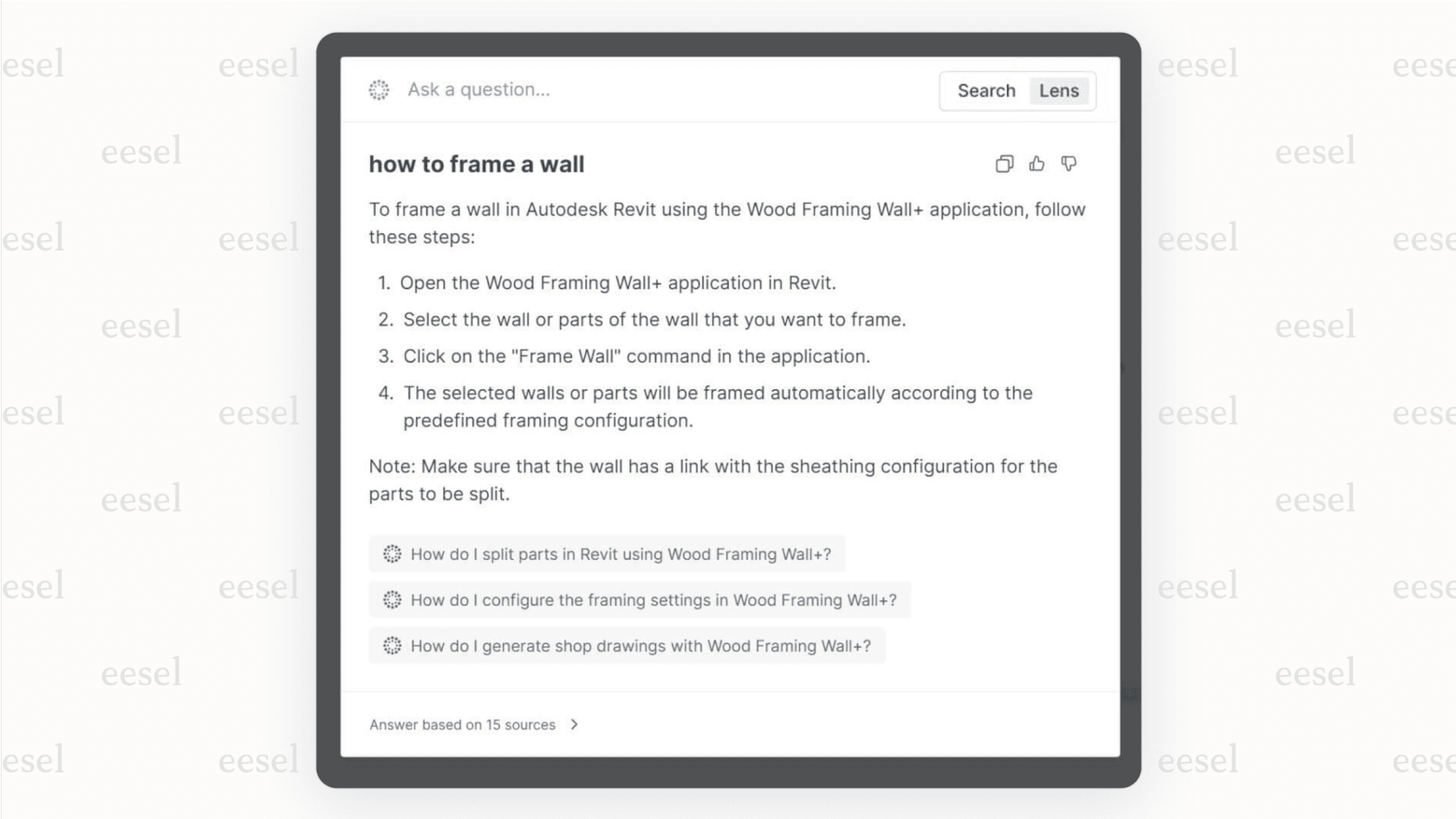 A screenshot of the GitBook Lens AI search feature providing an answer to a user