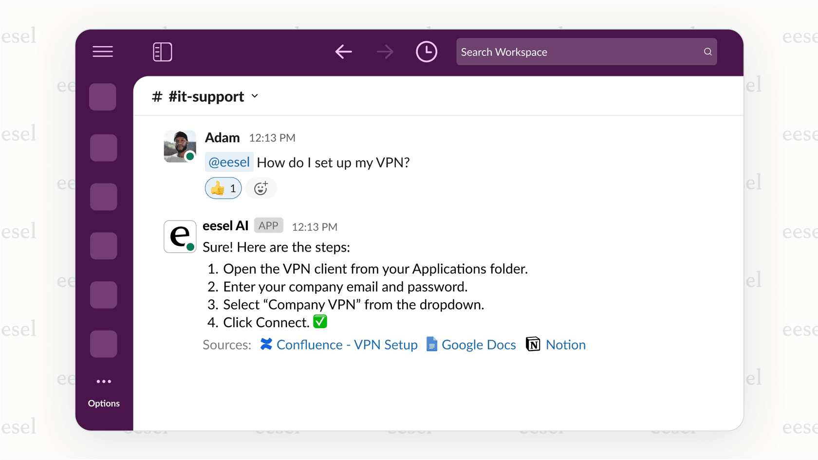 A screenshot of a Slack bot using AI for knowledge management to answer an internal employee question about setting up a VPN.