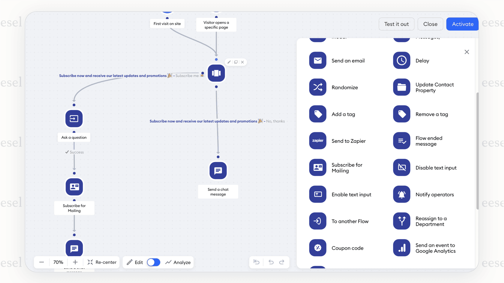 The visual builder for the Tidio AI chatbot for website.