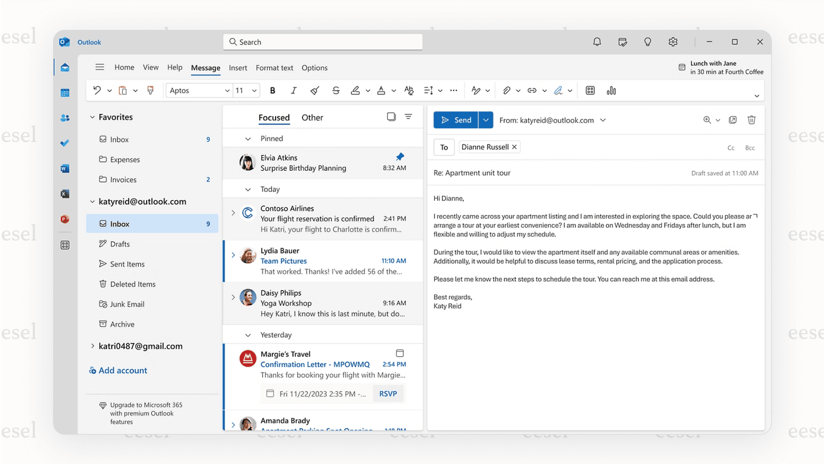 A screenshot of the Microsoft Outlook interface showing the "Focused Inbox" feature that separates important messages from other mail, a popular feature in gmail alternatives, as taken from Microsoft.