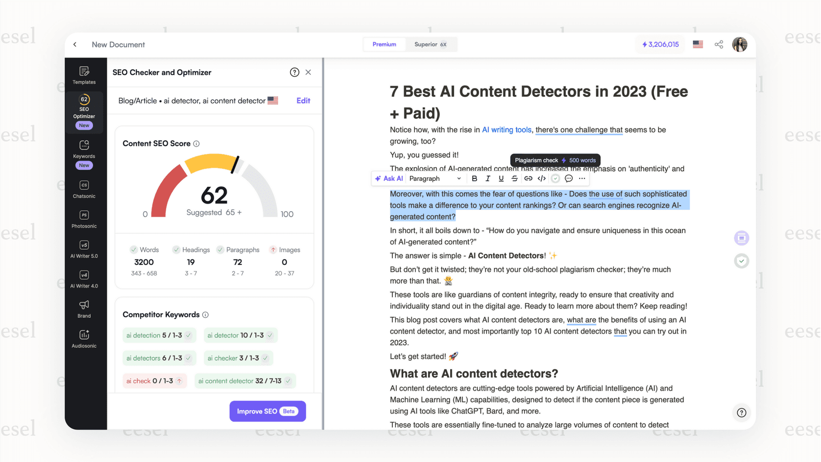 The Writesonic editor shows why it's the best AI for writing SEO content.