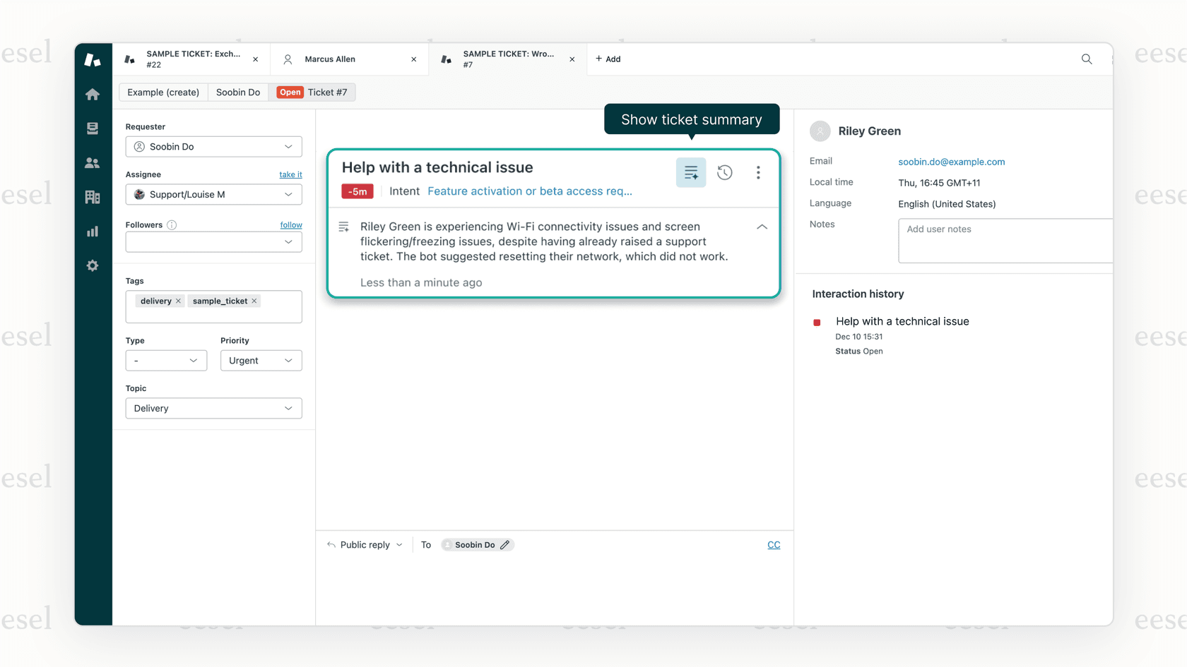 Zendesk Agent Workspace summarizing an issue for a human agent.