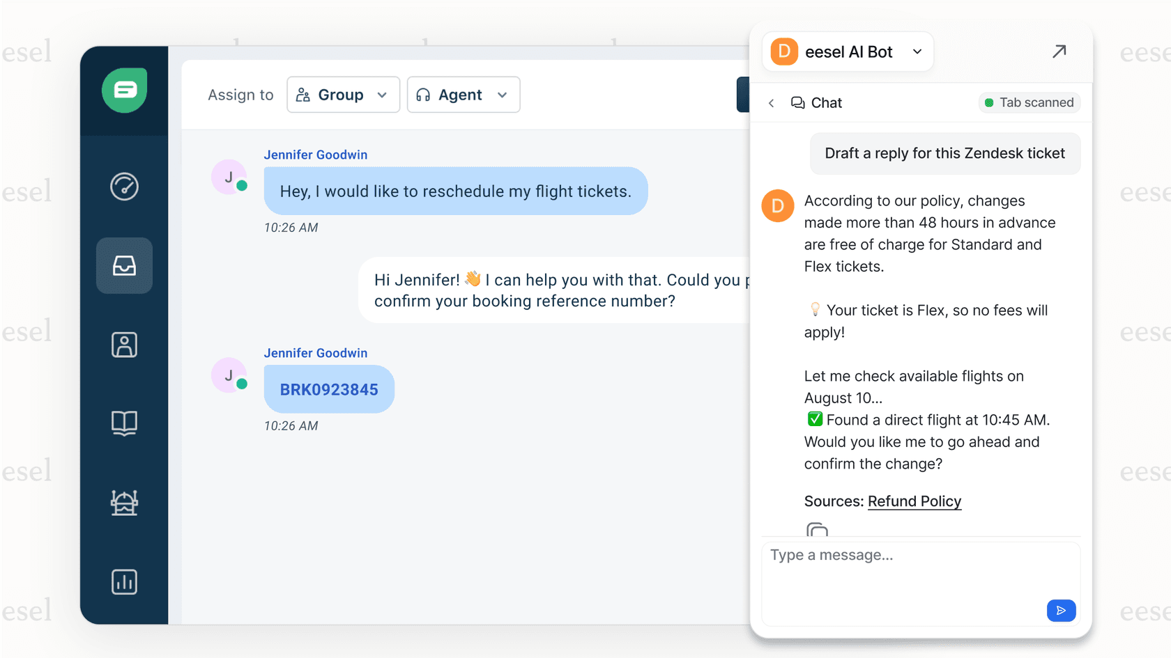 The eesel AI Copilot suggesting a response to a customer query inside a help desk interface, showing how this Gorgias alternative enhances existing tools.