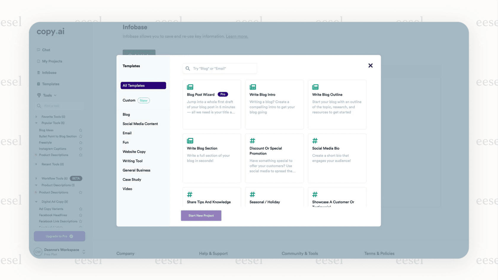 The dashboard of the Copy.ai AI tool in writing, displaying a grid of templates for different tasks like