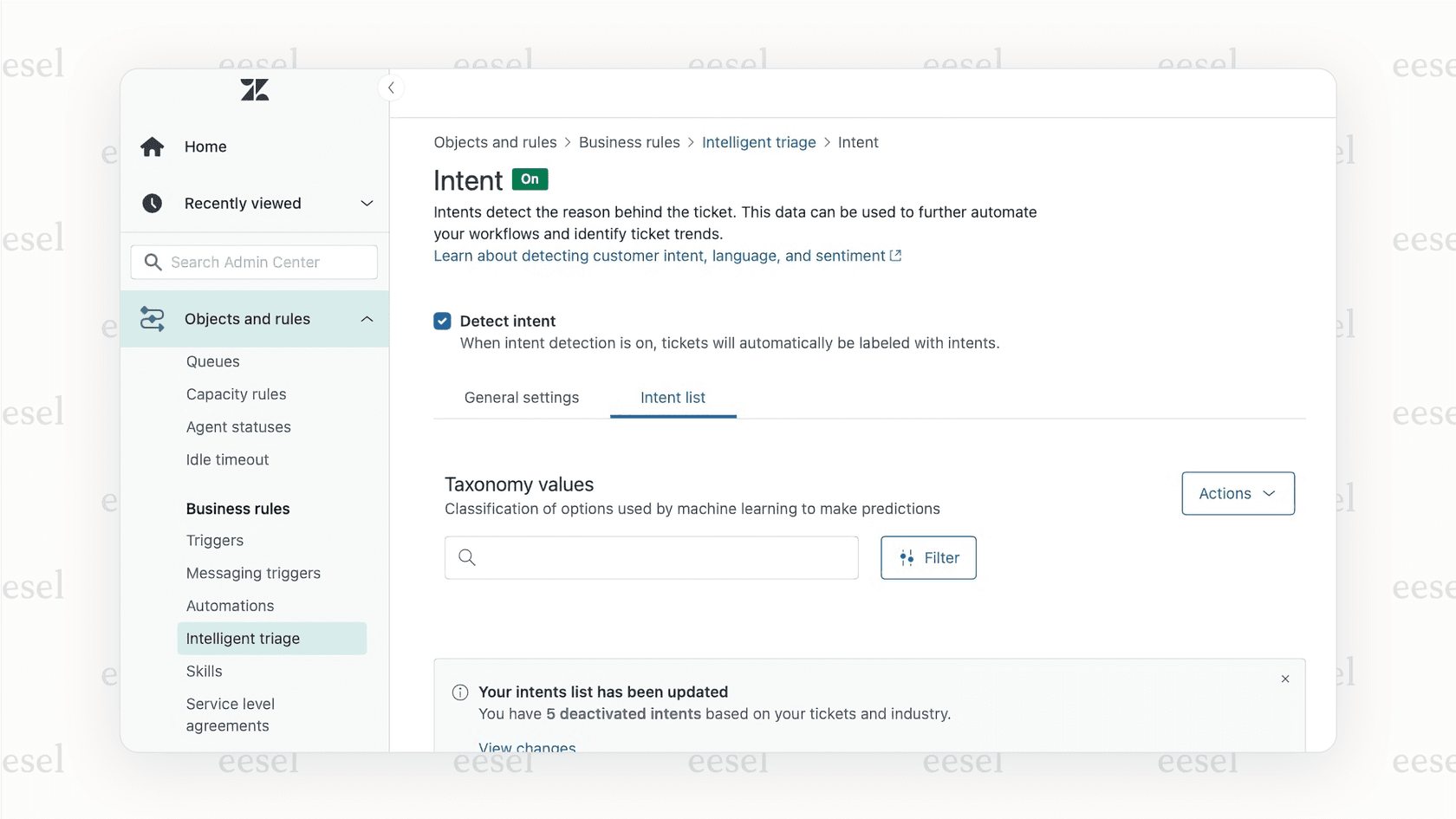 A screenshot of the Zendesk interface showing settings on AI for ticketing systems.