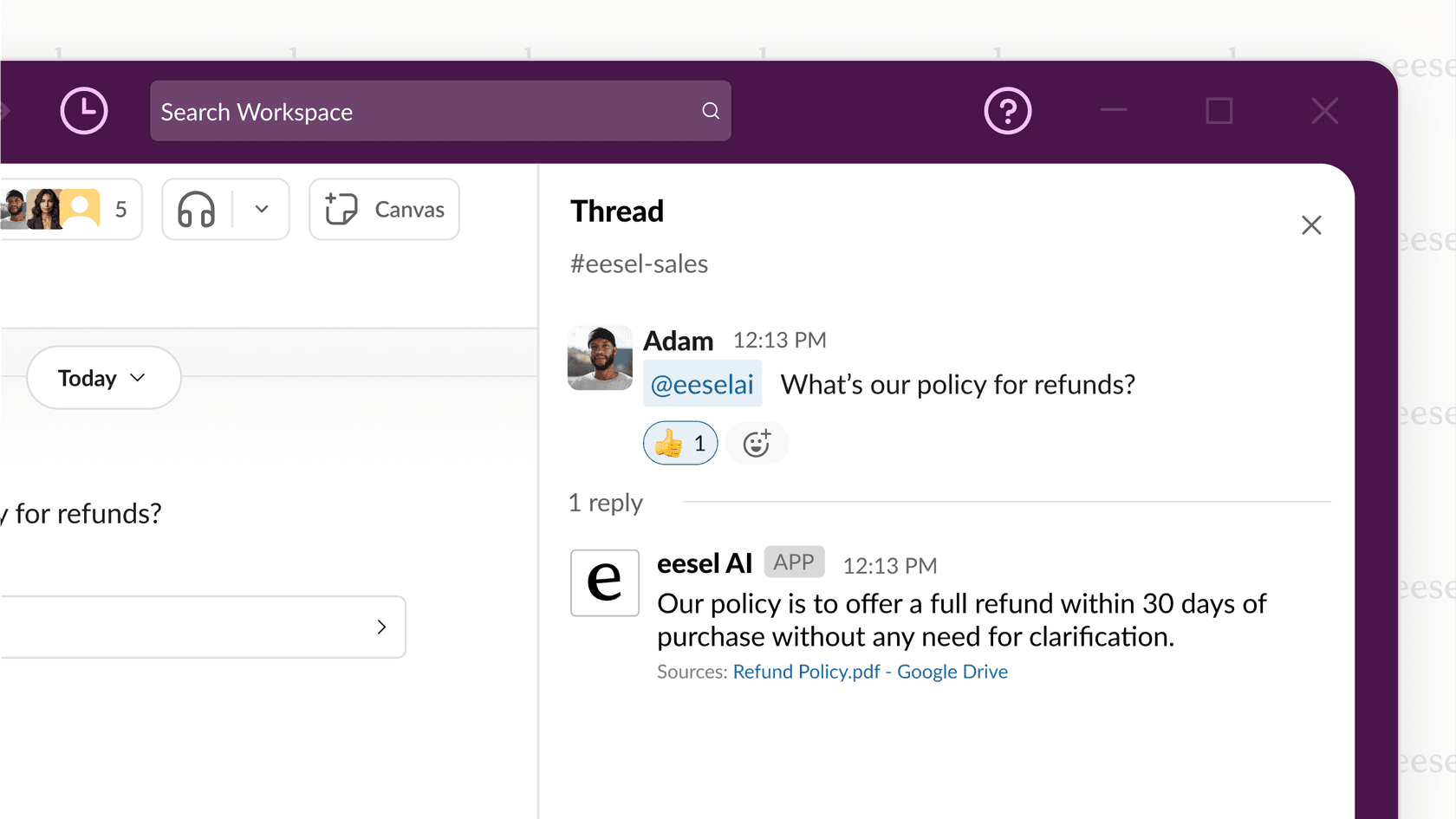 Screenshot of eesel AI service desk answering an employee