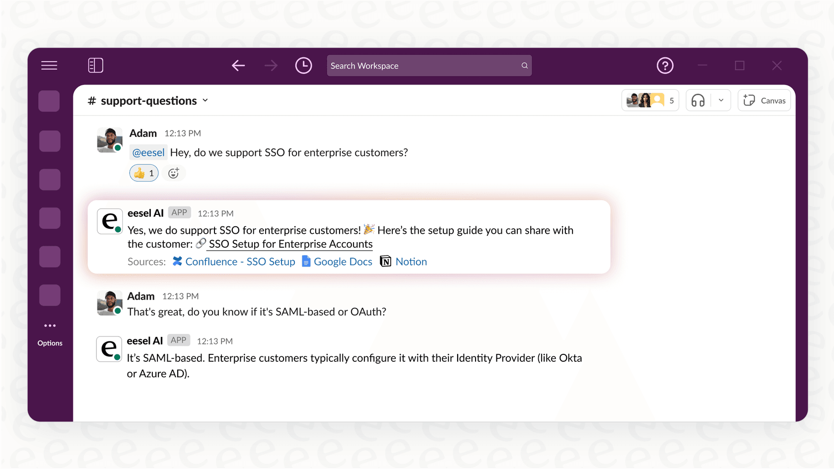 A screenshot showing the eesel AI Confluence copilot answering a team member