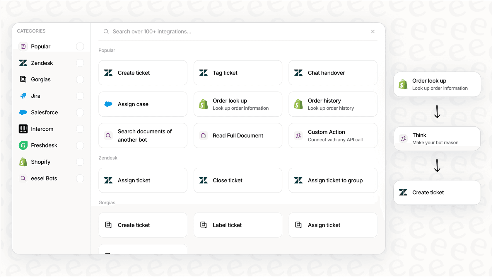 A screenshot of the eesel AI no-code workflow engine used to manage and orchestrate different subagent tools based on visual rules.