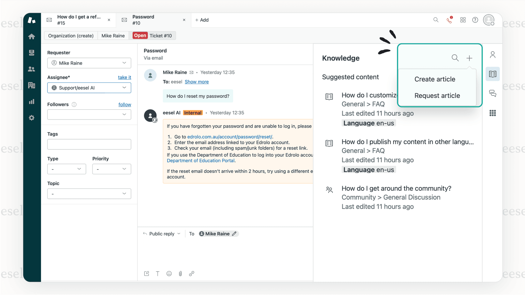 A screenshot showing an AI interface using a resolved support ticket to automatically generate a new help center article, a core part of proactive customer engagement.