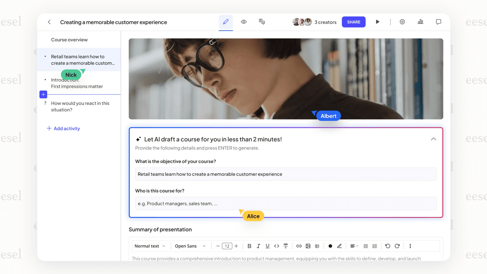 The course editor interface in 360Learning, showing how ai education platforms can use AI to assist an employee in building a training module for their peers.