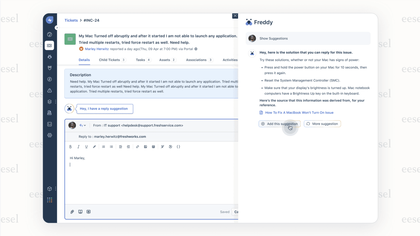 A screenshot within the Freshdesk ticket view where Freddy AI is suggesting a complete, relevant reply for an agent to use in their response, a key feature of AI for ticketing systems.