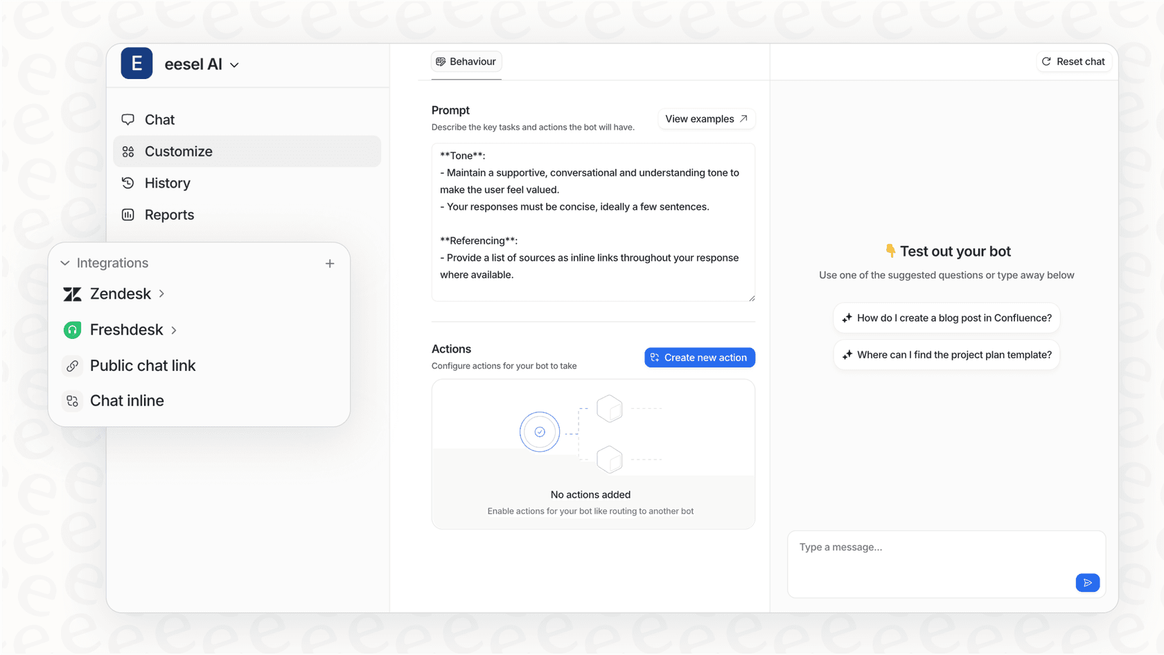 Screenshot showing how a conversational AI for finance platform unifies knowledge by connecting to multiple sources like helpdesks and internal wikis.