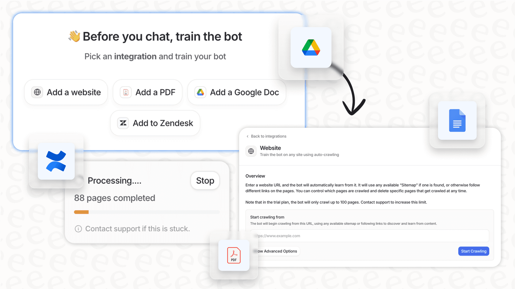 The eesel AI automated ticketing system dashboard showing how it connects to multiple knowledge sources like Slack and Google Docs.