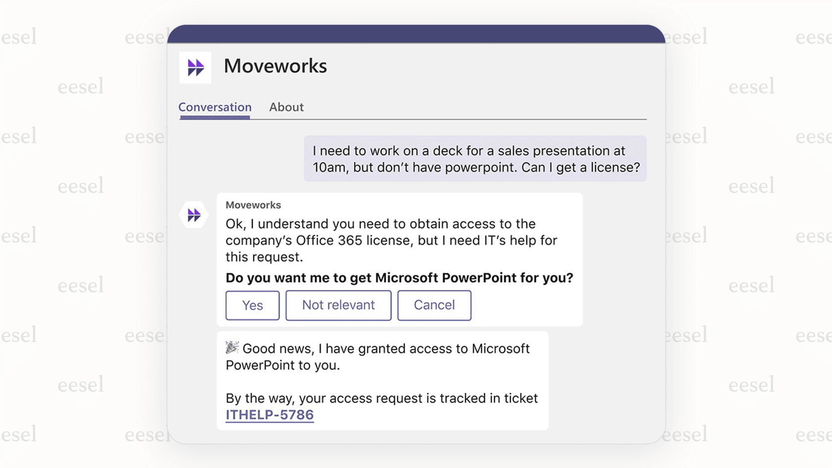 A screenshot showing the Moveworks chatbot inside a Microsoft Teams conversation, using AI for workflows to help an employee reset their password.