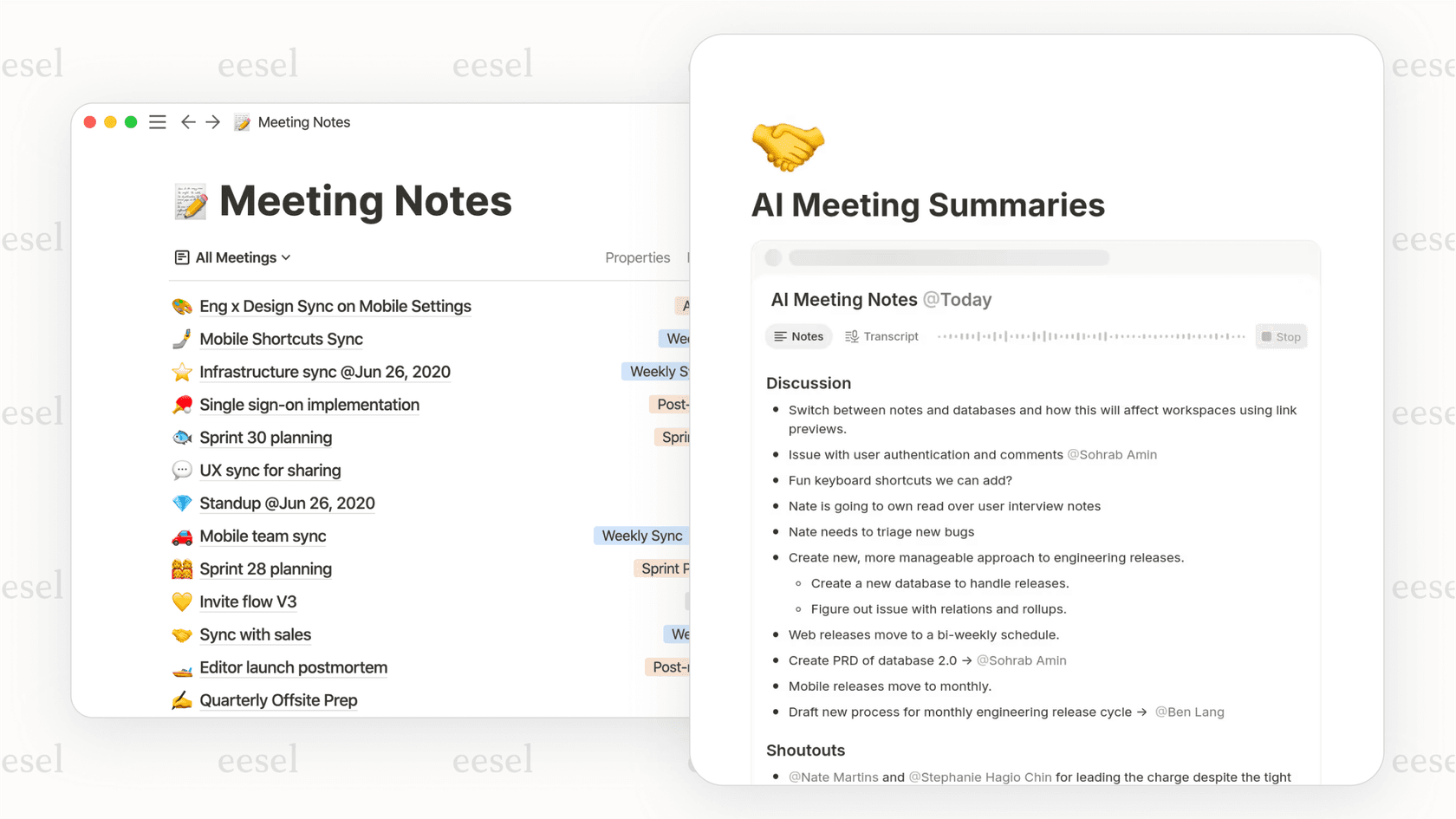 Notion AI summarizing meeting notes.
