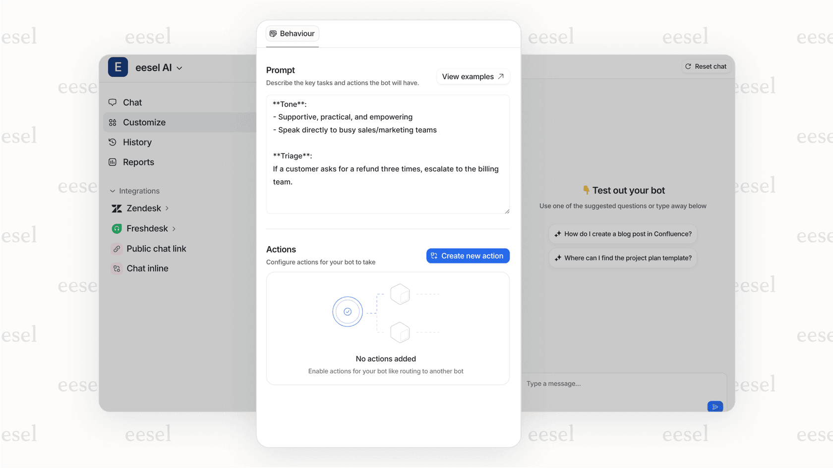 A screenshot of the eesel AI interface showing a user setting a custom escalation rule for the AI, which helps control behavior and improve the AI resolution rate.