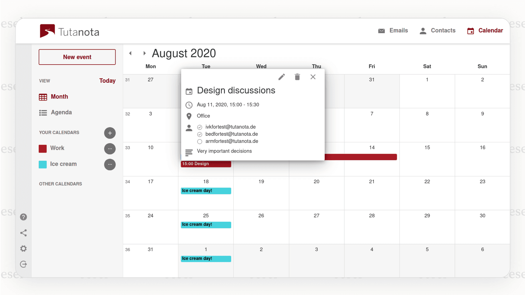 A screenshot of the encrypted calendar inside Tuta, demonstrating how it offers more comprehensive security than other gmail alternatives by encrypting more than just email, as taken from Tuta.