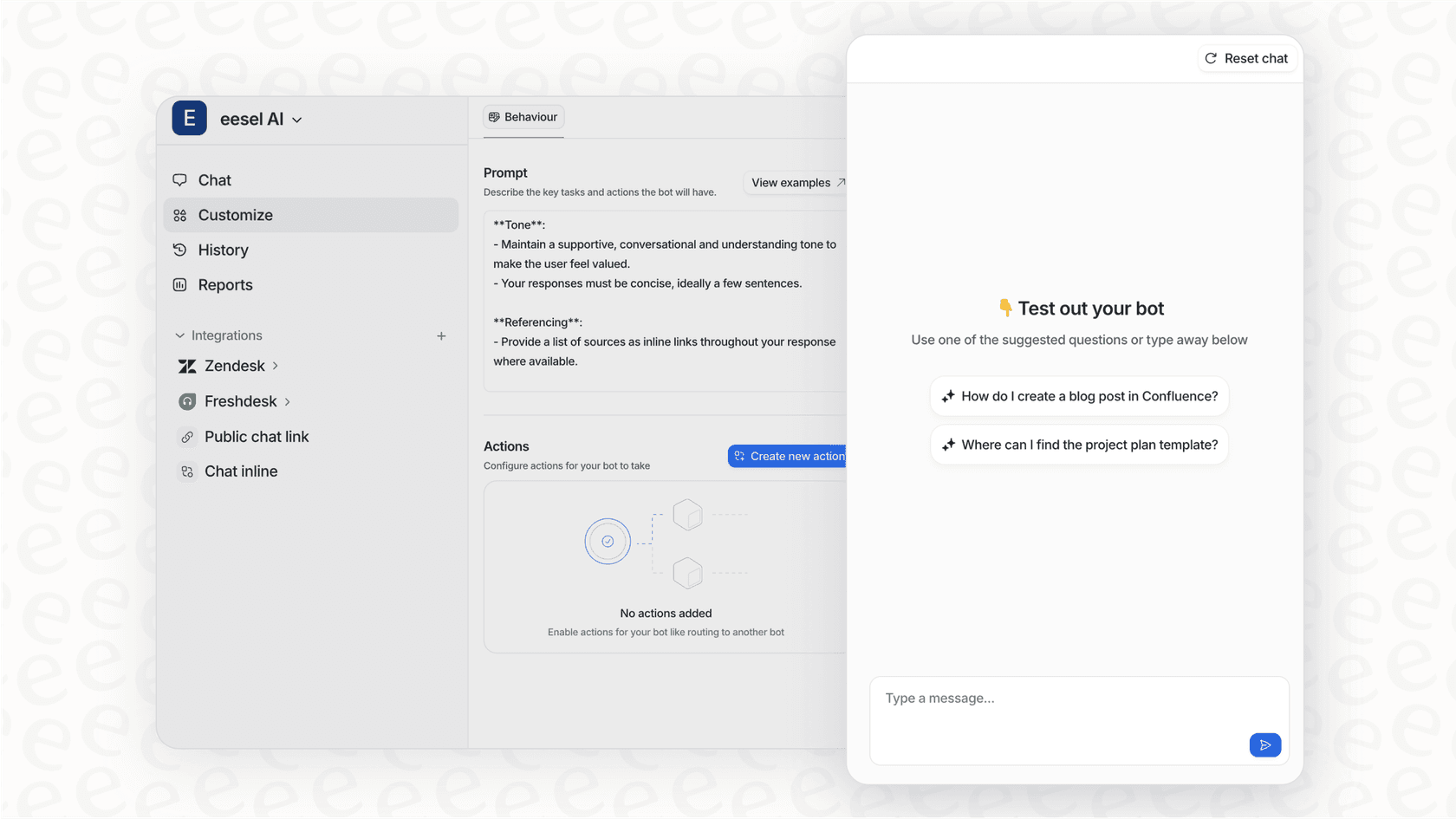 eesel AI simulation dashboard showing resolution rate and cost savings metrics
