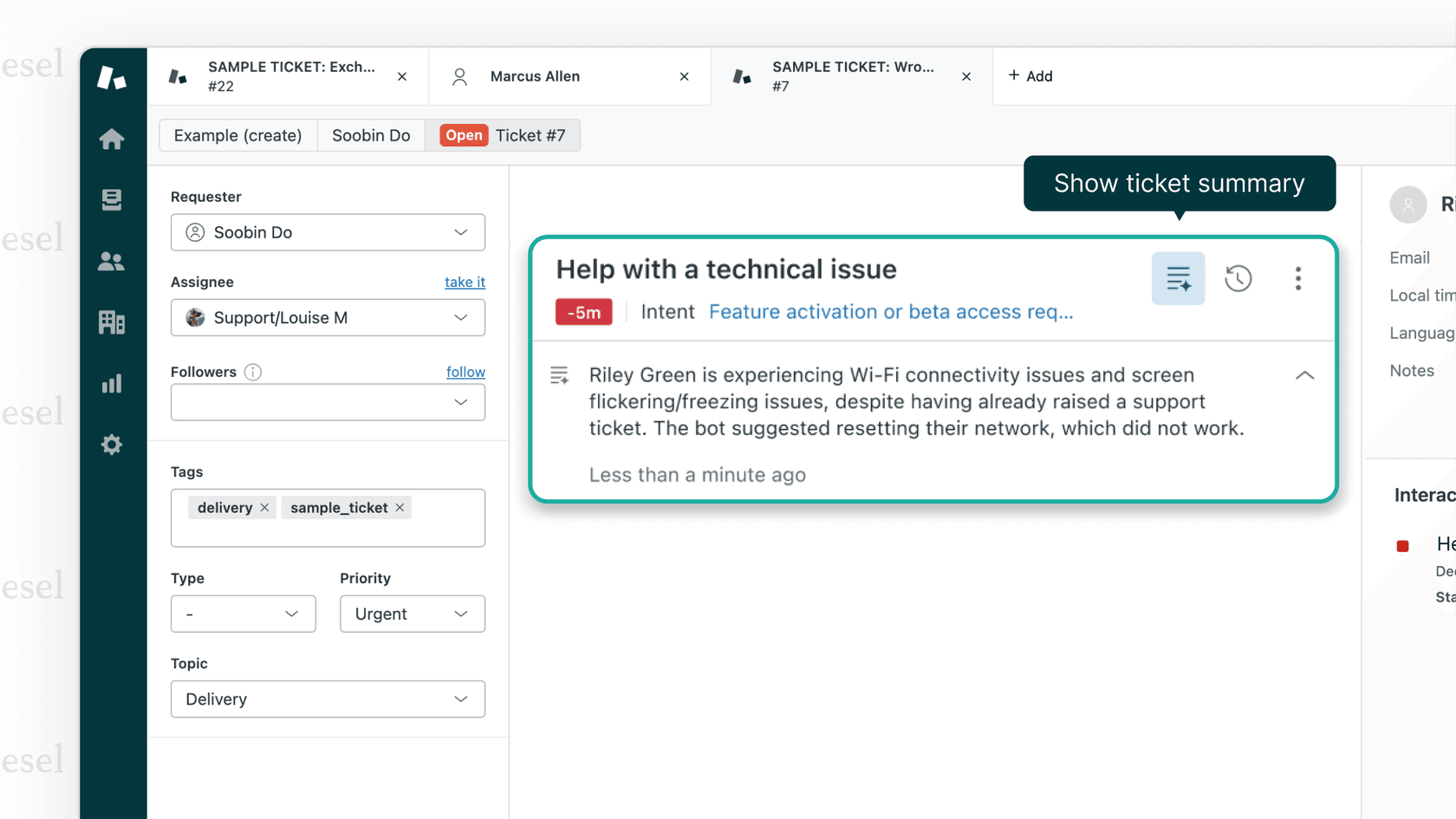 An IT agent using the Zendesk AI service desk interface, with the generative AI feature providing a concise summary of an employee