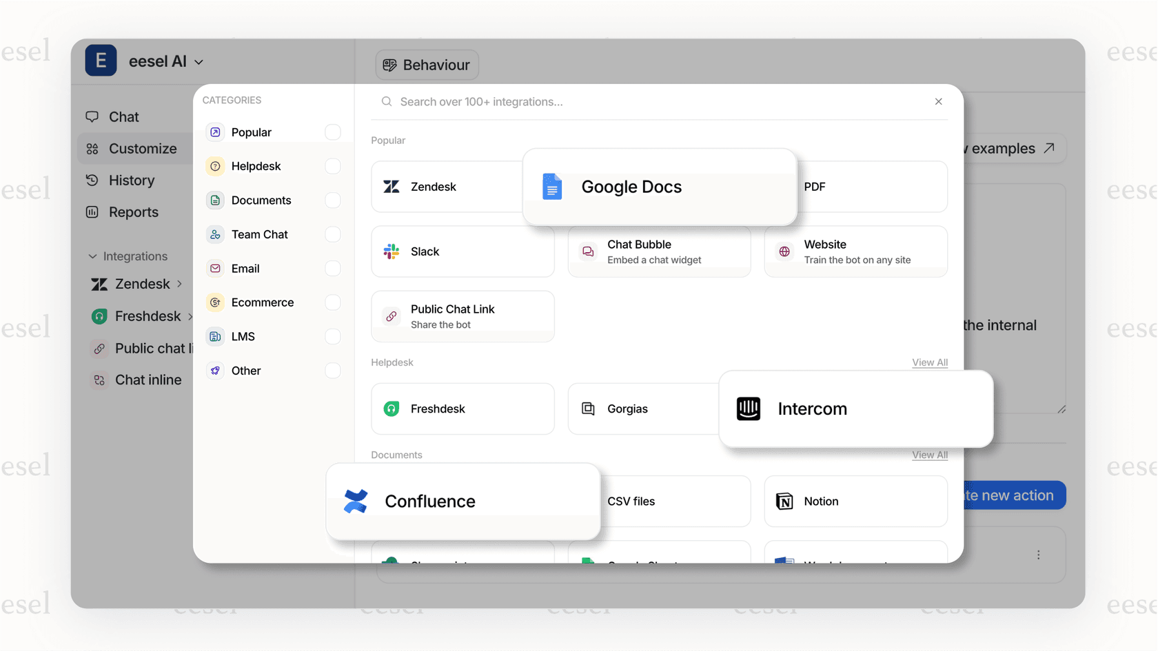 eesel AI dashboard showing one-click integrations for helpdesks including Zendesk