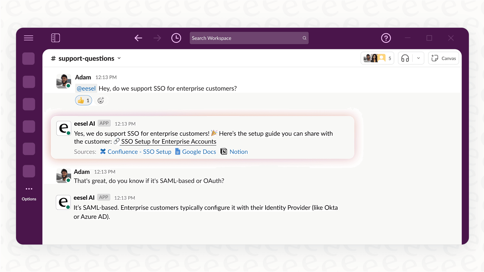 Screenshot of the eesel AI internal chatbot answering a question about company policy in Slack, demonstrating democratized product knowledge.