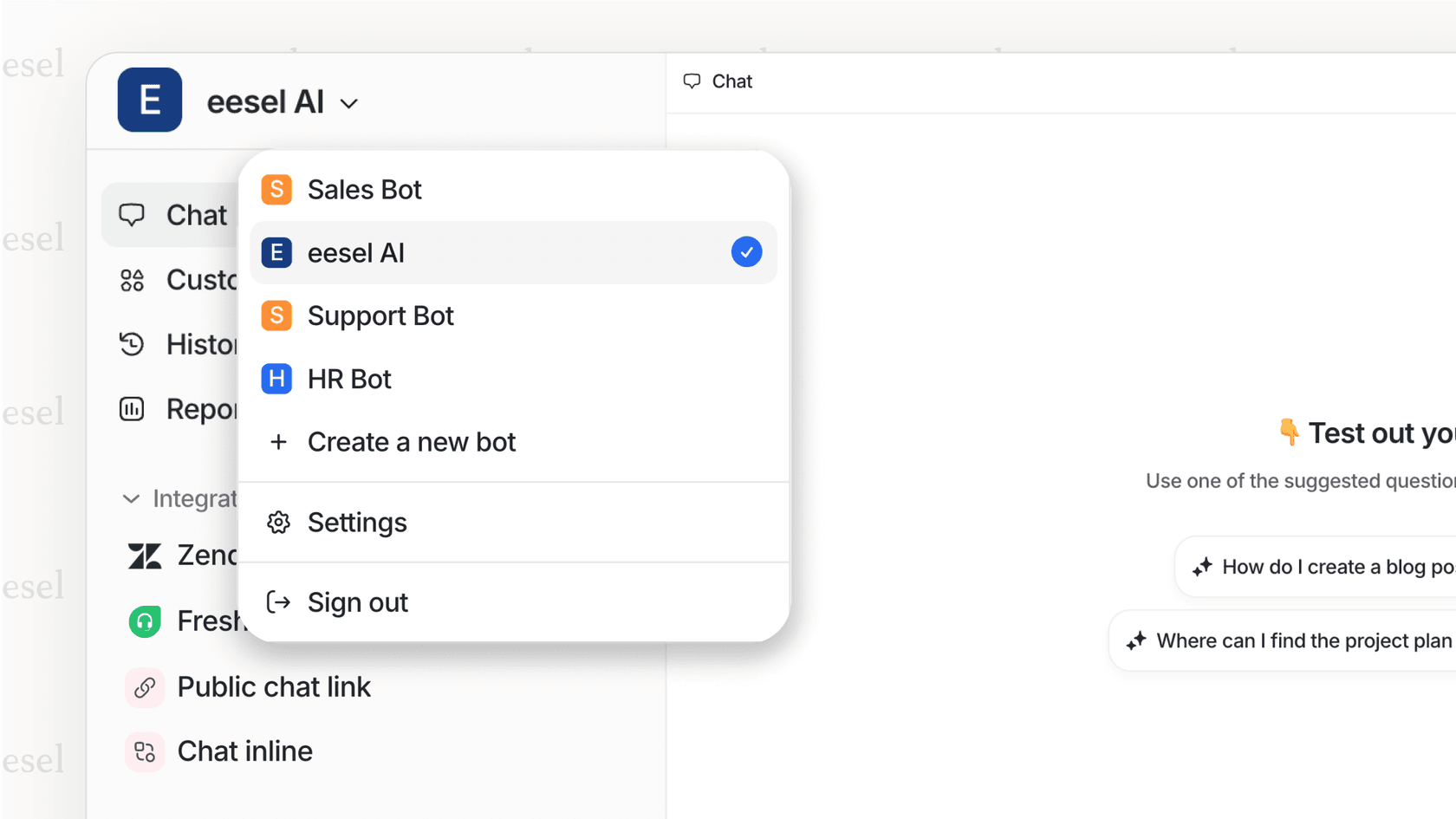 Screenshot showing a HelpDesk AI dashboard where a user can configure separate bots for IT support and customer support, each with its own knowledge base.