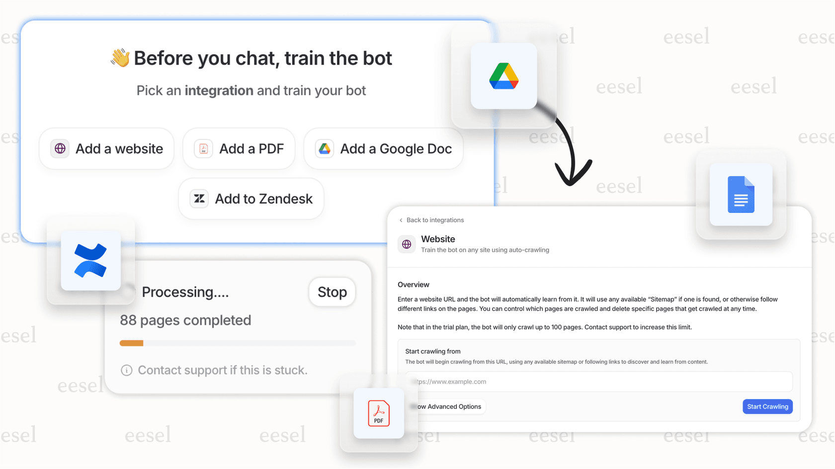 The eesel AI interface shows how a Gorgias order status bot can connect to multiple knowledge sources for comprehensive answers.
