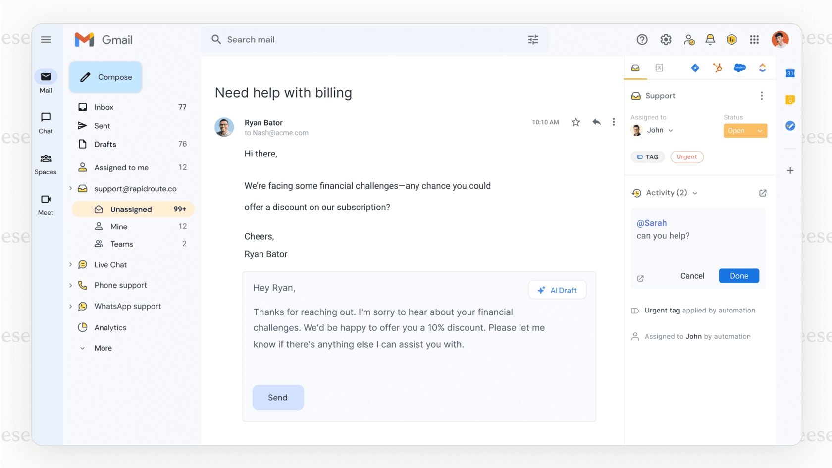 A screenshot showing a Gmail inbox enhanced with Hiver, a top front alternative, with added features like