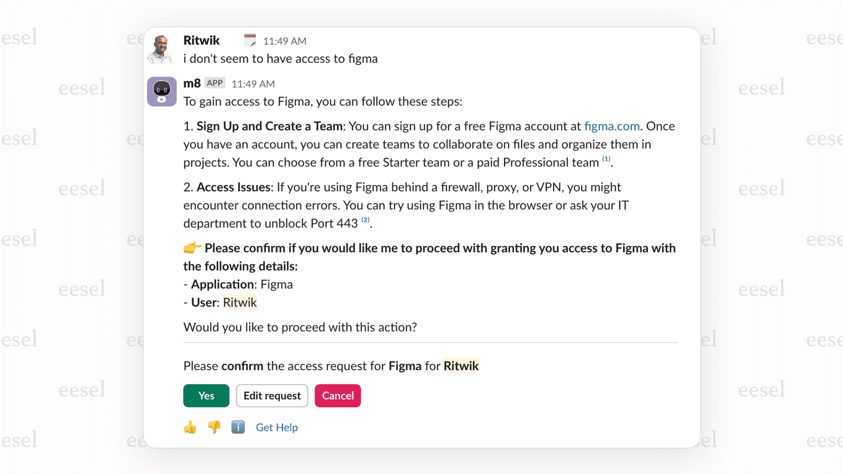 A screenshot showing the Moveworks AI agent within Slack, illustrating how top AI agents handle employee support requests.